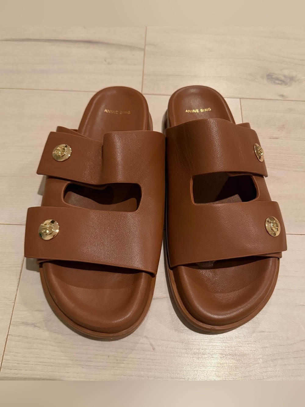 Anine Bing Tan Double-Strap Leather Slide Sandals with Gold Buttons